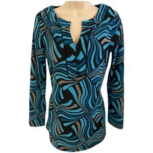 Dana Buchman  Geometric Long Sleeve Top. Teal blue and black. Size XS